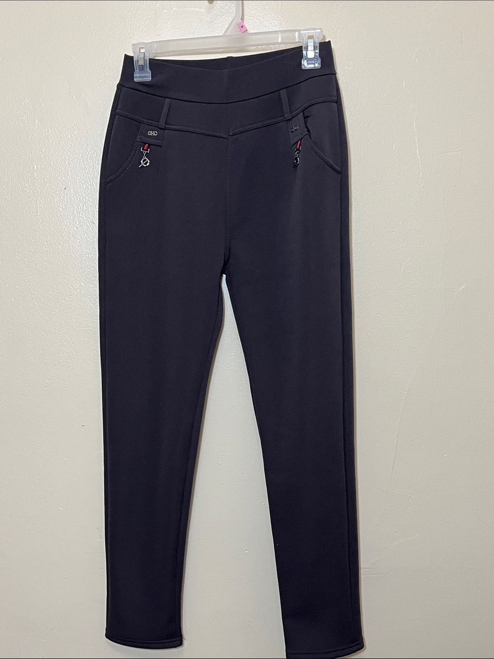 Fashion Slim Black Pull-On Ponte Pants with Zip-Accent Pockets